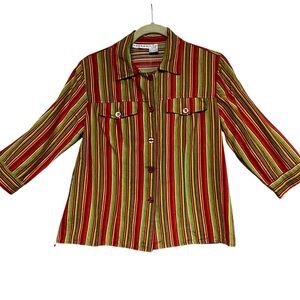 Hannah Vibrant Stripe 3/4 Sleeve Button-Up Linen Blend Jacket Medium
